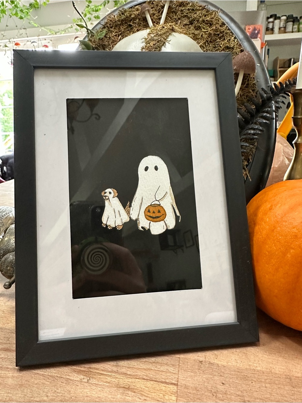 Framed Halloween ghost & dog watercolor 4x6inch original